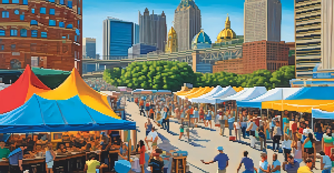 A vibrant outdoor festival scene with diverse attendees enjoying art and music, colorful tents, and food vendors under a blue sky with the Pittsburgh skyline in the background.