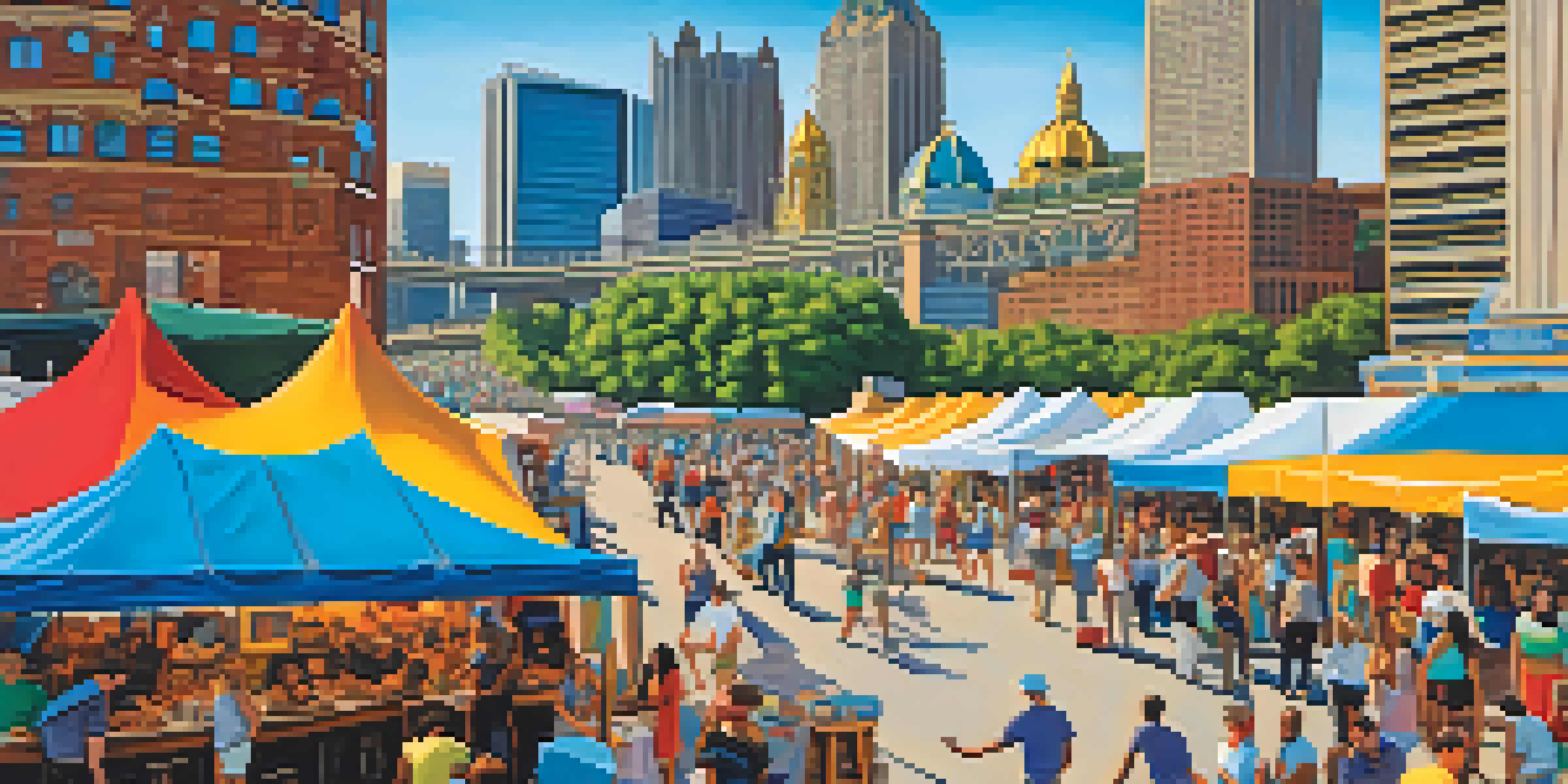A vibrant outdoor festival scene with diverse attendees enjoying art and music, colorful tents, and food vendors under a blue sky with the Pittsburgh skyline in the background.