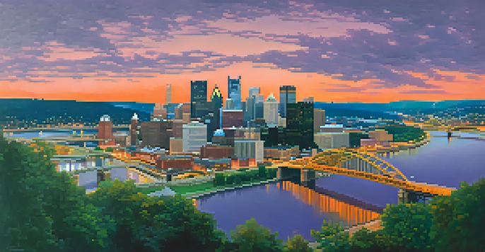A sunset view of Pittsburgh's skyline with modern and historic architecture, featuring robotic elements and lush parks.
