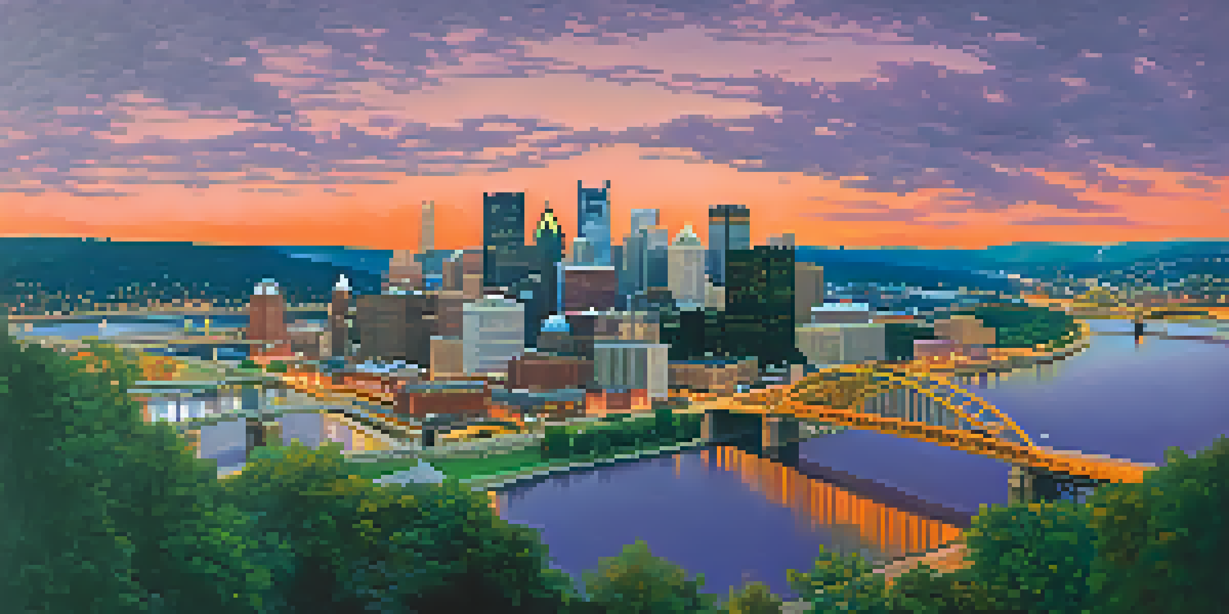 A sunset view of Pittsburgh's skyline with modern and historic architecture, featuring robotic elements and lush parks.