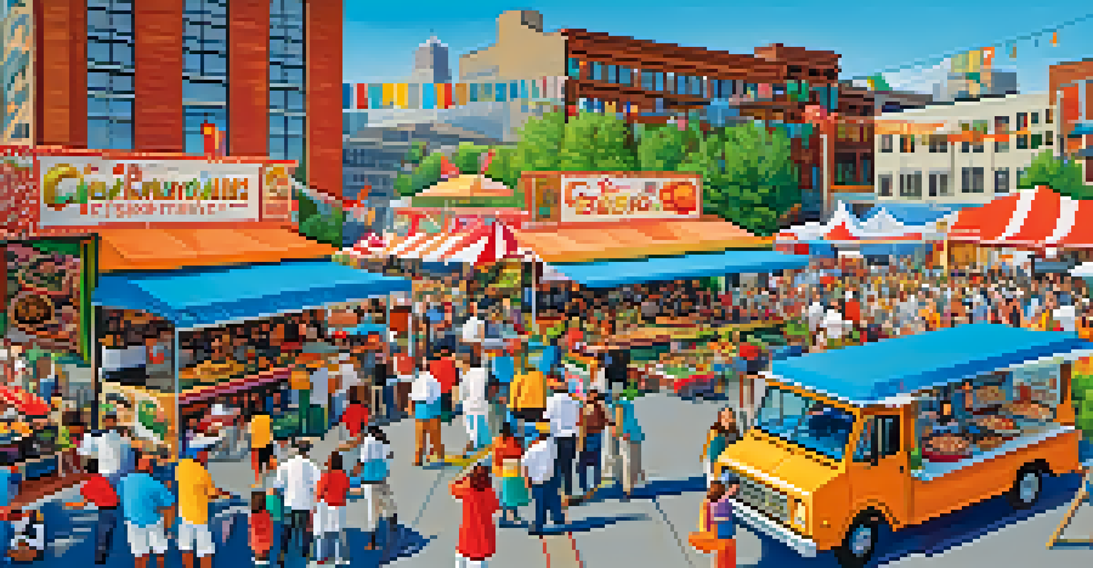 A bustling food festival in Pittsburgh featuring diverse food trucks and enthusiastic crowds enjoying various cuisines under a bright sky.