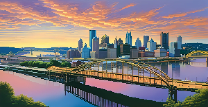 A panoramic view of Pittsburgh's skyline at sunset, featuring the Smithfield Street Bridge and colorful sky.