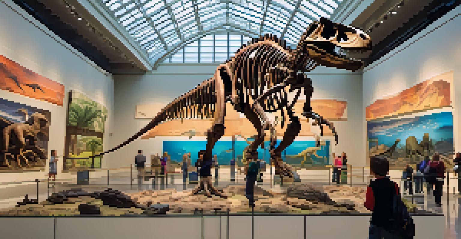 A close-up view of dinosaur skeletons in the Carnegie Museum of Natural History, with visitors exploring the exhibit.