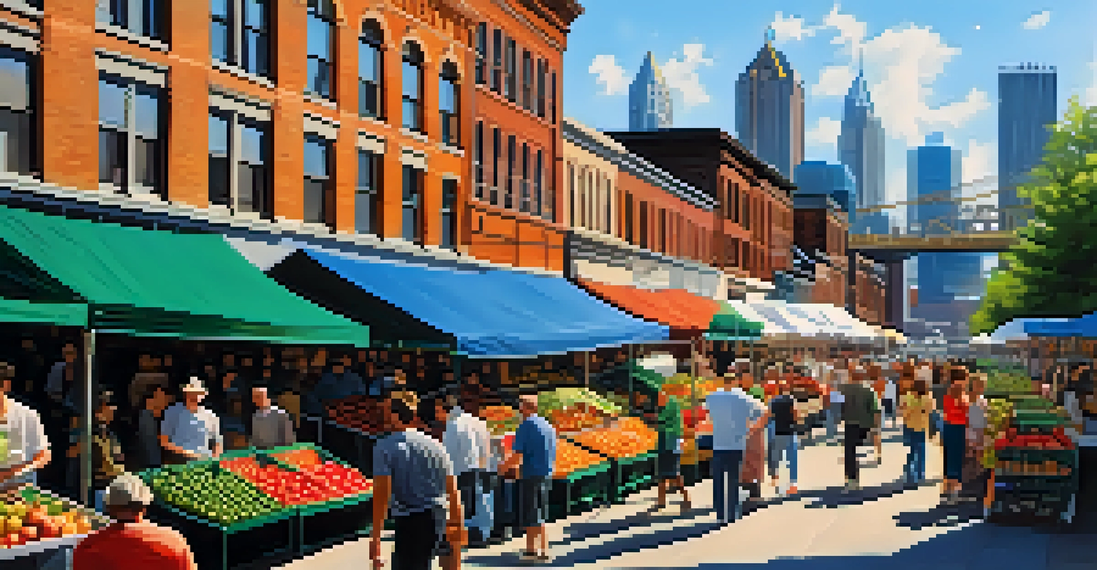 A busy farmers' market with colorful produce and shoppers engaging with local farmers in Pittsburgh.