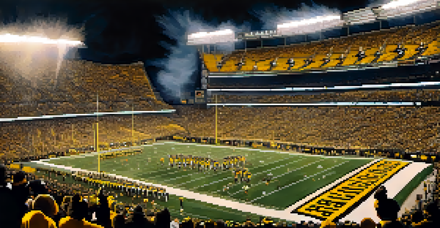 An action shot of a Pittsburgh Steelers football game at Heinz Field, with fans cheering and waving Terrible Towels.