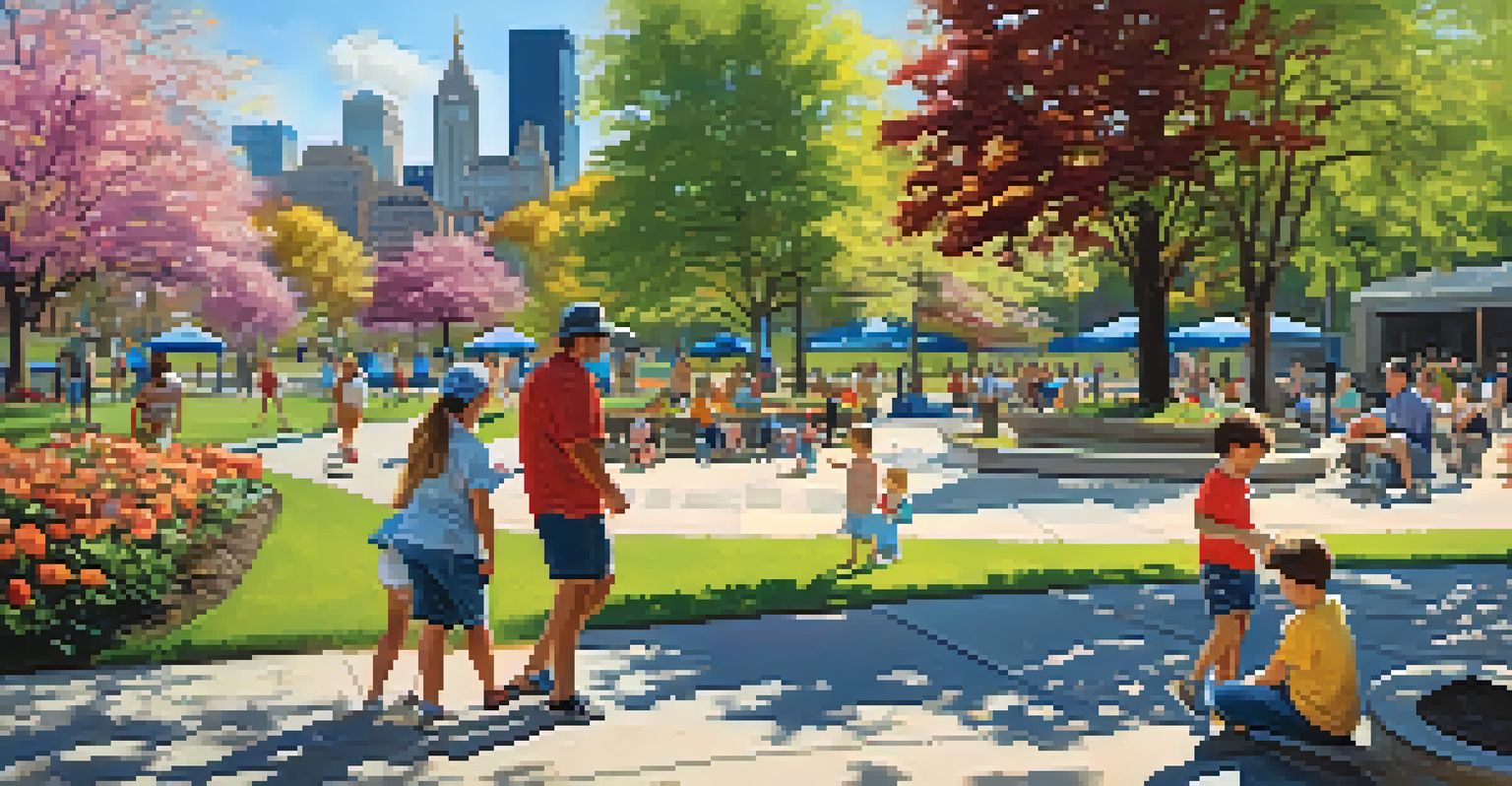 Families having fun at Point State Park, children playing near the fountain with bright flowers and the Fort Pitt Museum in the background.