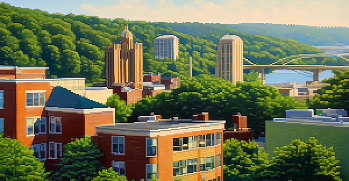 A beautiful view of Pittsburgh's eco-friendly buildings surrounded by greenery, under a clear blue sky and warm sunlight.