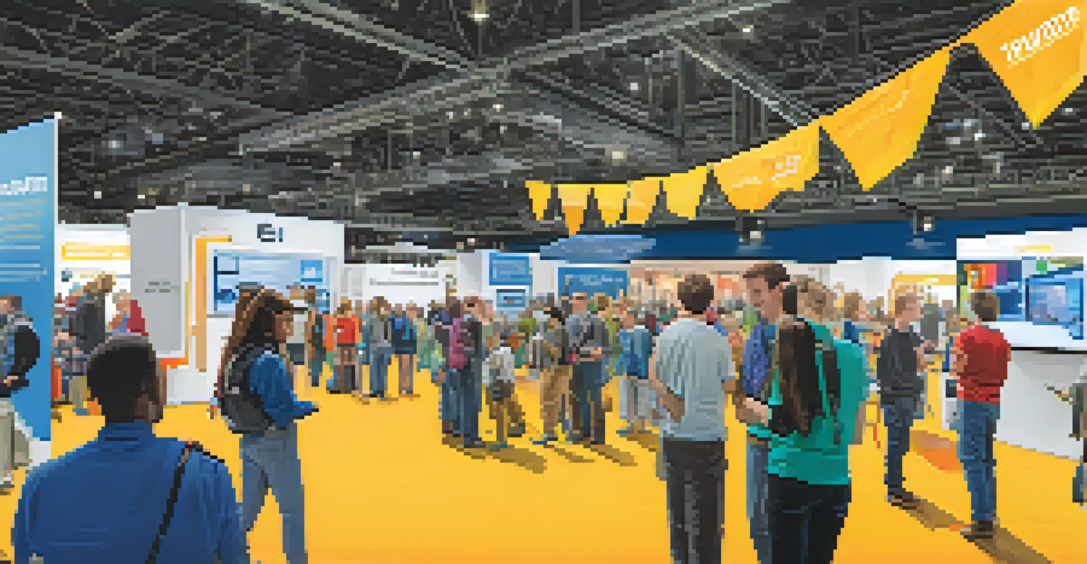 A tech fair in Pittsburgh with booths displaying innovative technology and coding projects, attended by families and tech enthusiasts.