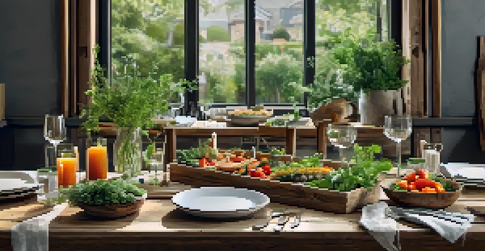 A table set for a sustainable dining experience with colorful, locally sourced dishes and rustic decor.