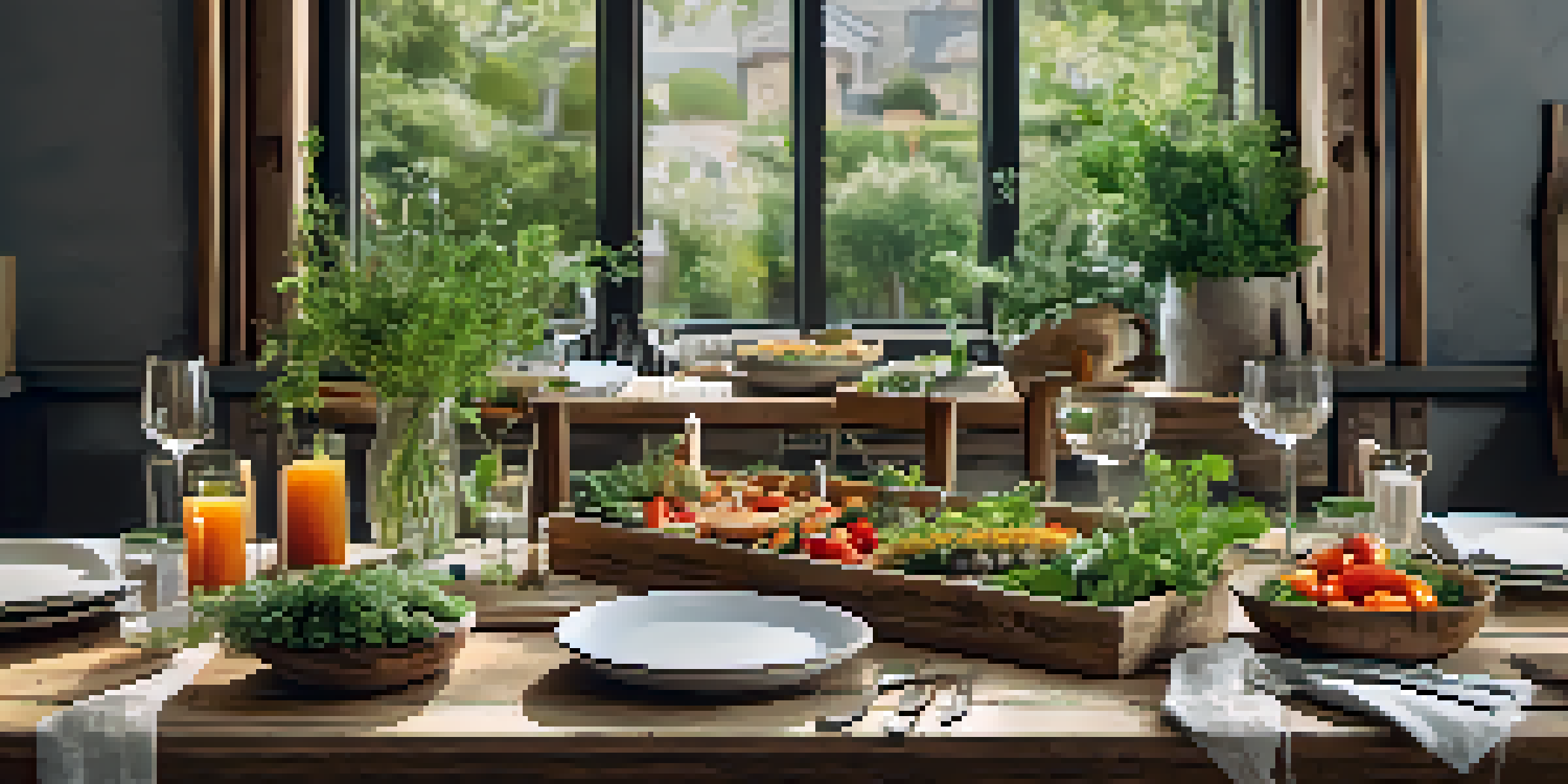 A table set for a sustainable dining experience with colorful, locally sourced dishes and rustic decor.