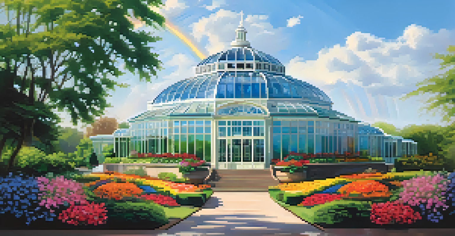 The Phipps Conservatory in Pittsburgh, showcasing its beautiful glass structure framed by vibrant gardens and a clear sky.