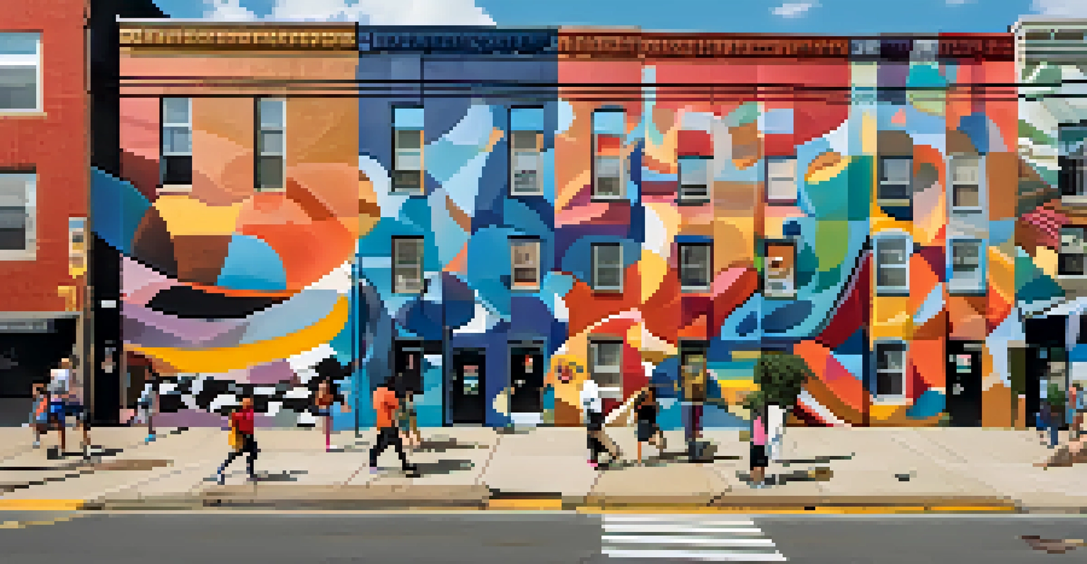 A large, colorful mural in an urban neighborhood in Pittsburgh, depicting abstract shapes and cultural elements, with residents admiring it.