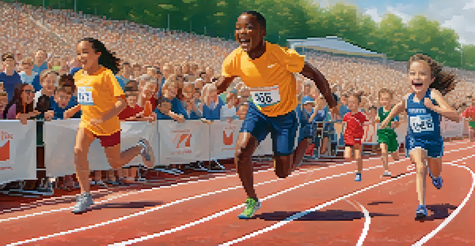 A young athlete with a disability finishing a race at a track and field event, surrounded by cheering teammates and supportive parents.
