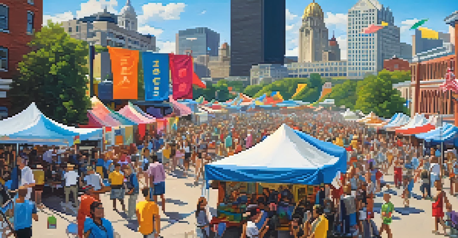 A vibrant cultural festival in Pittsburgh, showcasing art installations, workshops, and performances with a diverse crowd enjoying the event under a clear sky.