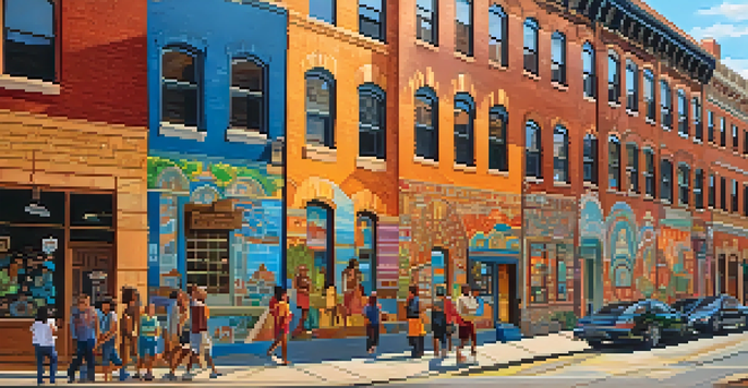 A lively street in Pittsburgh with a colorful mural celebrating cultural diversity and diverse people walking by.