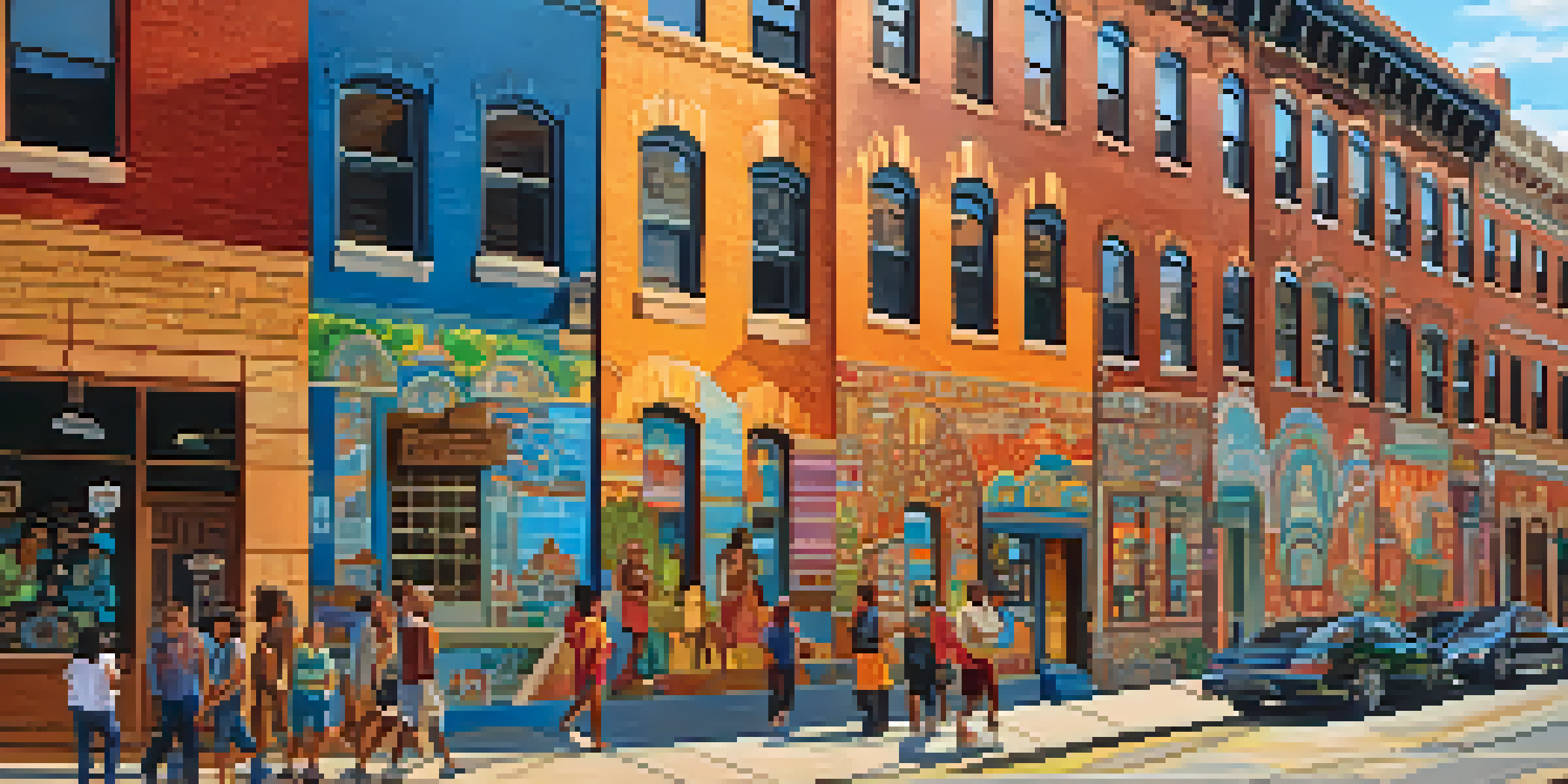 A lively street in Pittsburgh with a colorful mural celebrating cultural diversity and diverse people walking by.