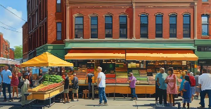 A lively food market with stalls of fresh produce and spices, filled with diverse shoppers under warm sunlight.