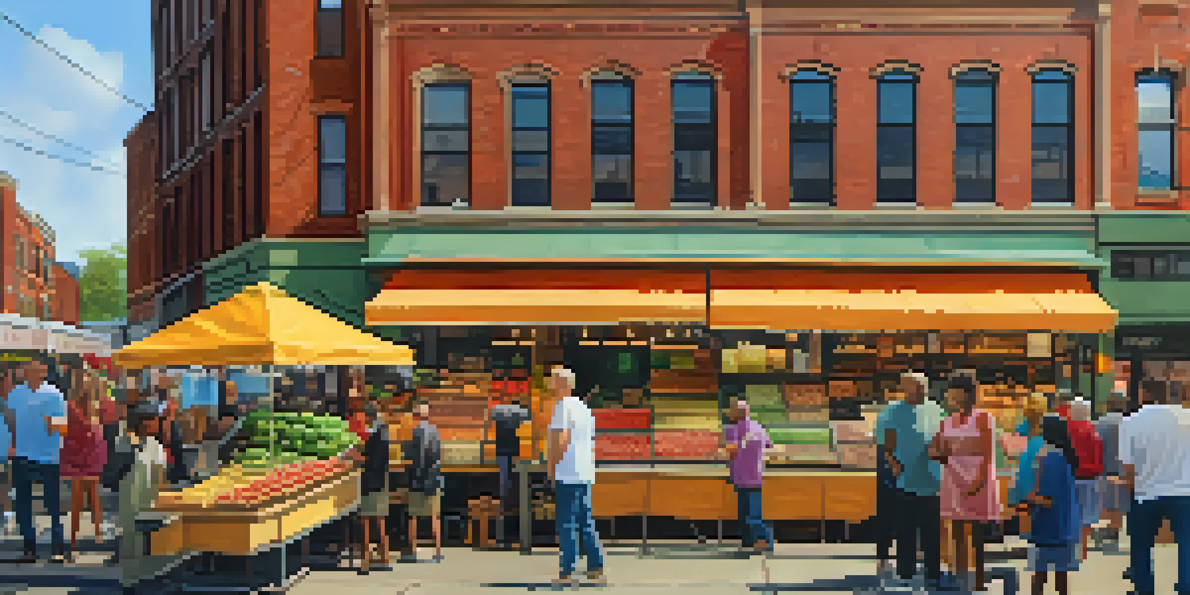 A lively food market with stalls of fresh produce and spices, filled with diverse shoppers under warm sunlight.
