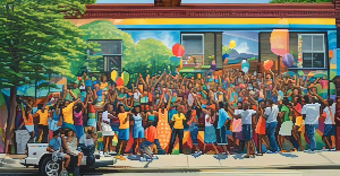 A colorful street mural showing a diverse group of people celebrating community in Lawrenceville, Pittsburgh, surrounded by greenery and urban buildings.