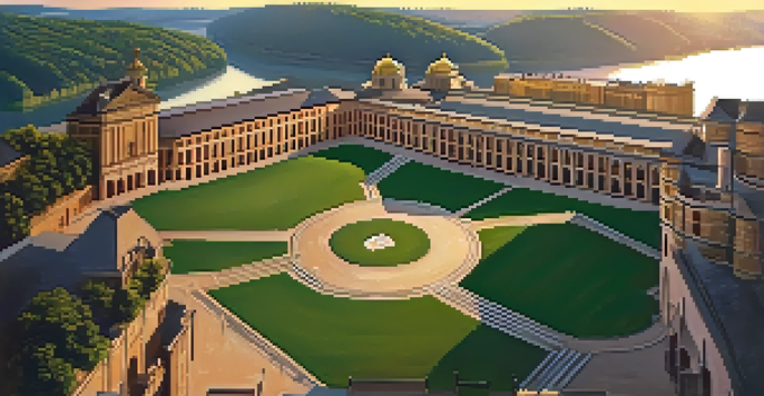 A sunrise view of Fort Pitt with soldiers in historical attire performing drills, surrounded by rivers and greenery.