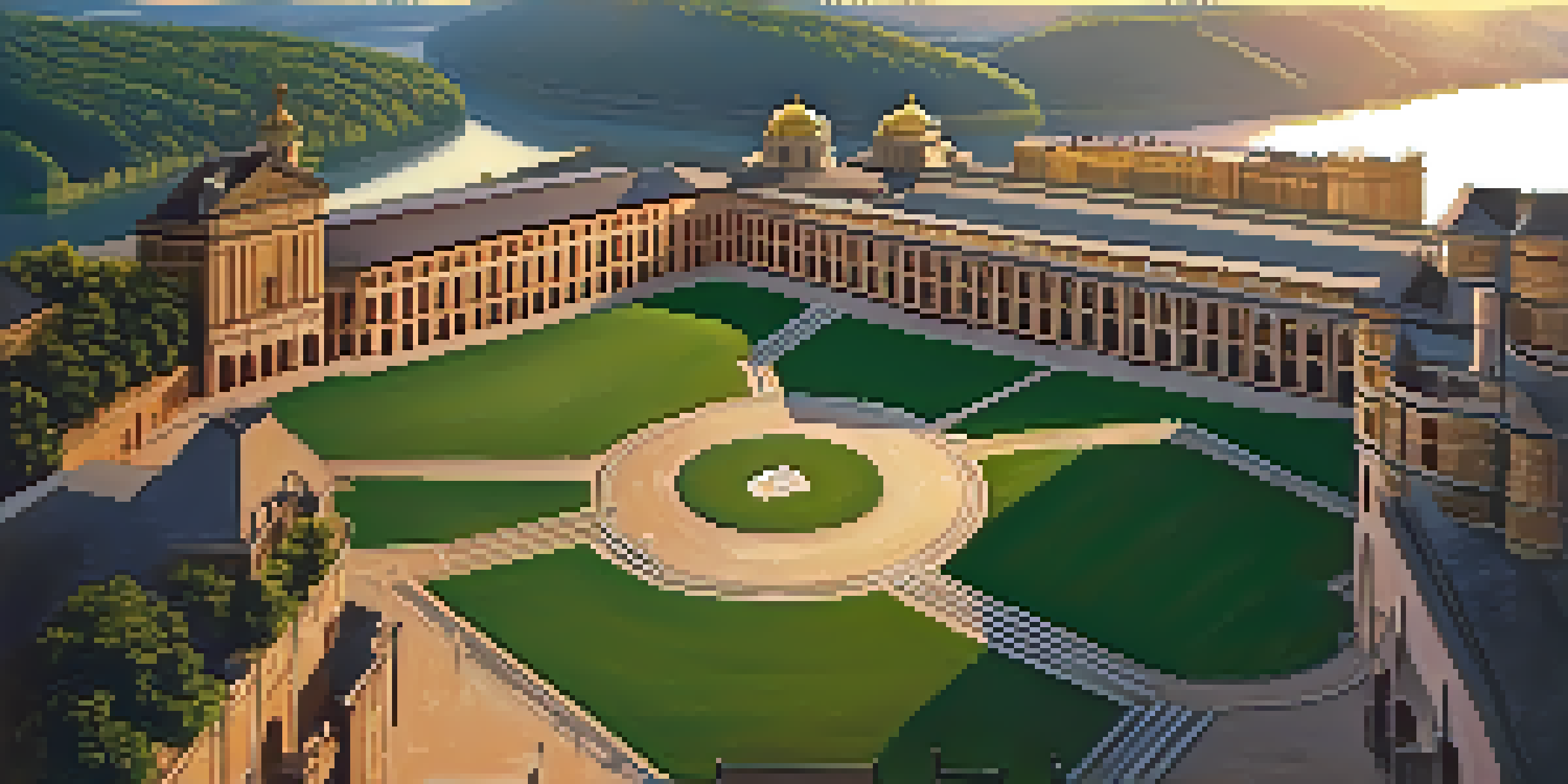 A sunrise view of Fort Pitt with soldiers in historical attire performing drills, surrounded by rivers and greenery.