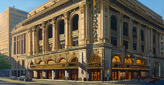 A beautiful historic theater, the Benedum Center in Pittsburgh, with ornate architecture and warm sunlight casting shadows on the sidewalk.