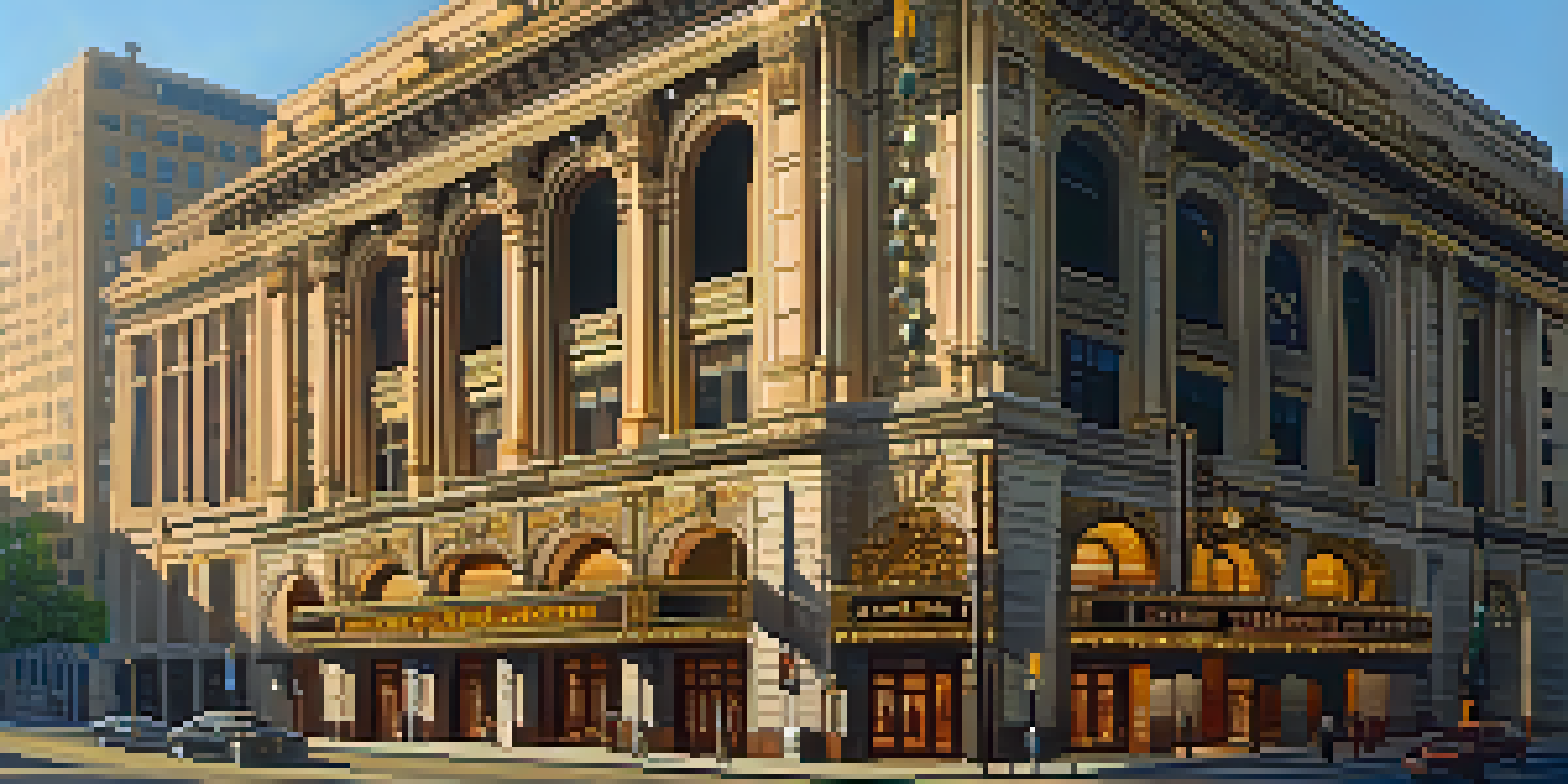 A beautiful historic theater, the Benedum Center in Pittsburgh, with ornate architecture and warm sunlight casting shadows on the sidewalk.