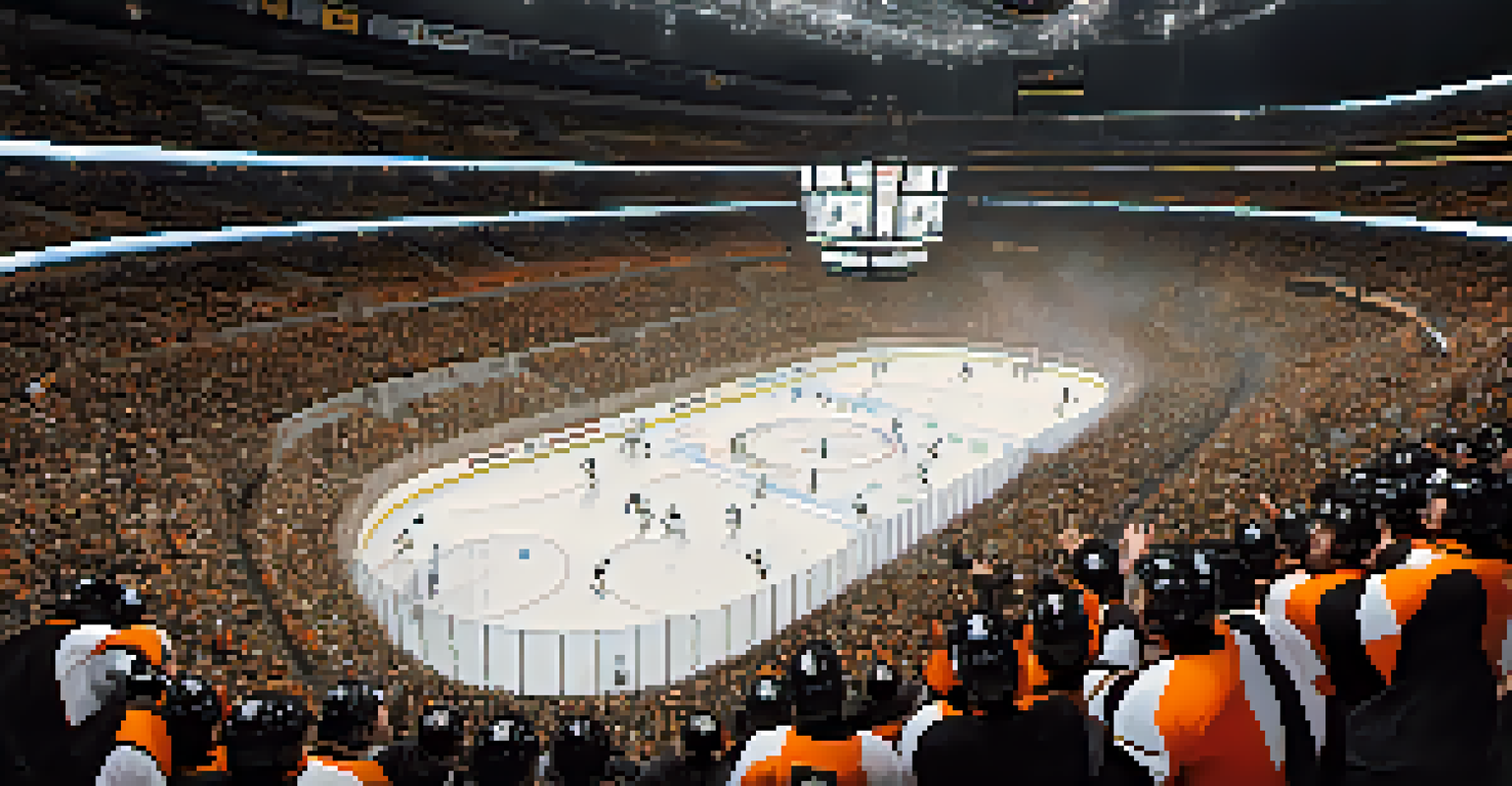 A tense face-off during a Penguins vs. Flyers hockey game, with packed stands and excited fans.