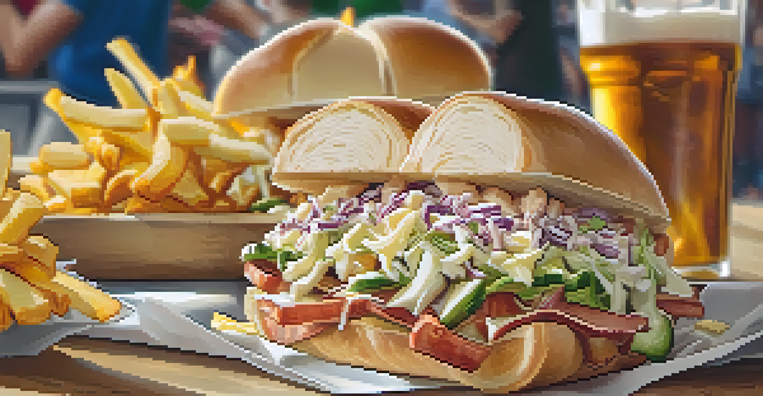 A close-up of a Primanti Brothers sandwich filled with fries and coleslaw, with blurred cheering fans in the background.