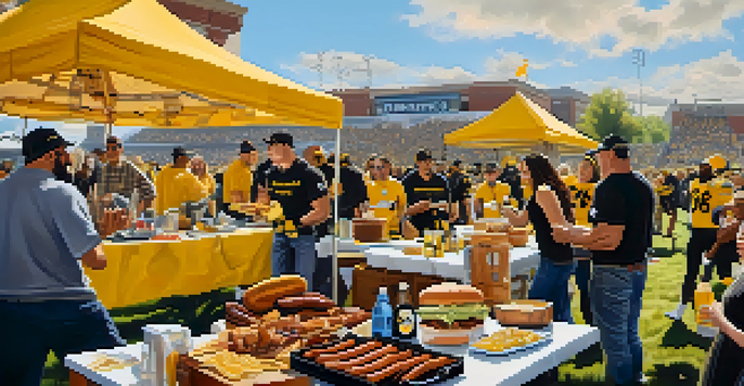 A lively tailgating scene with Steelers fans in black and gold, grilling and celebrating together.