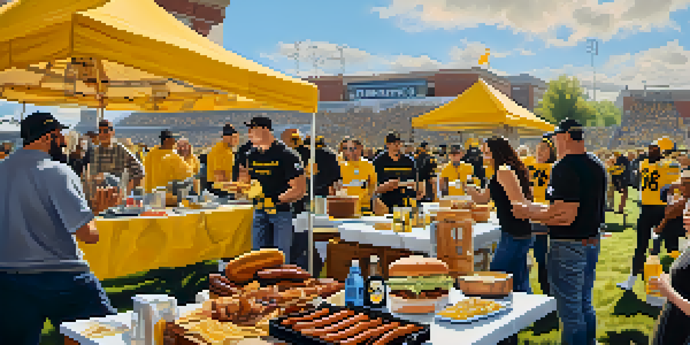 A lively tailgating scene with Steelers fans in black and gold, grilling and celebrating together.