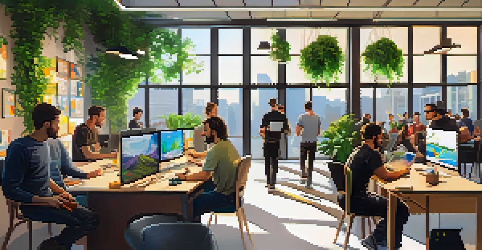 An AI startup incubator in Pittsburgh with entrepreneurs discussing ideas, modern decor, and sunlight streaming through large windows.