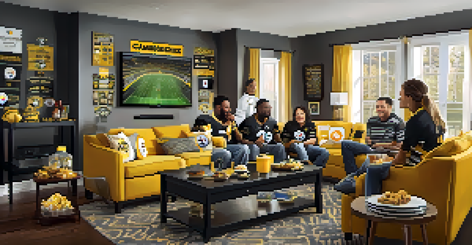 A warm living room scene of friends and family watching a football game, surrounded by Steelers memorabilia and snacks.