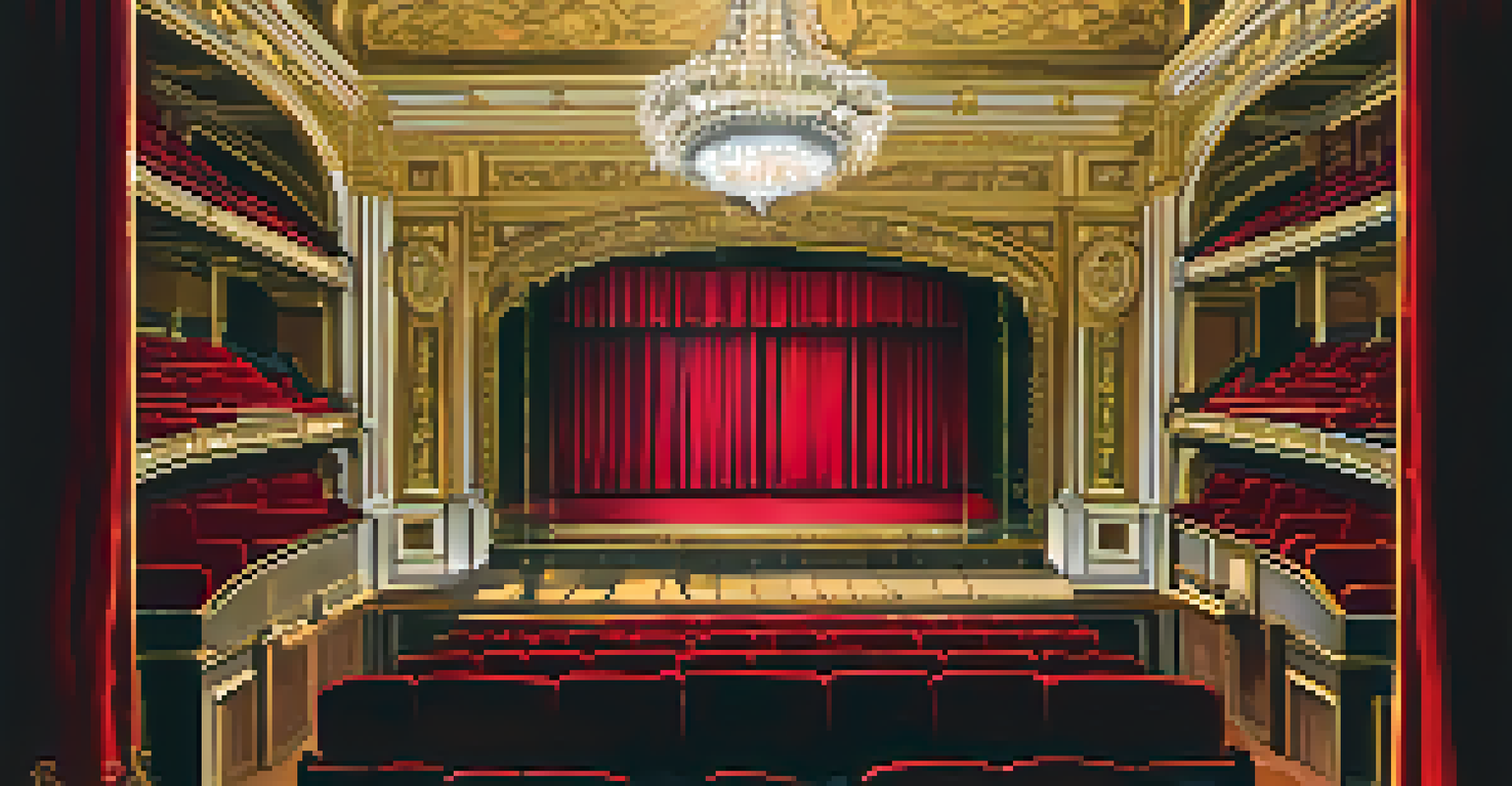 A close-up of a theater program on a red velvet seat, with golden chandelier light illuminating the program details and blurred audience silhouettes in the background.