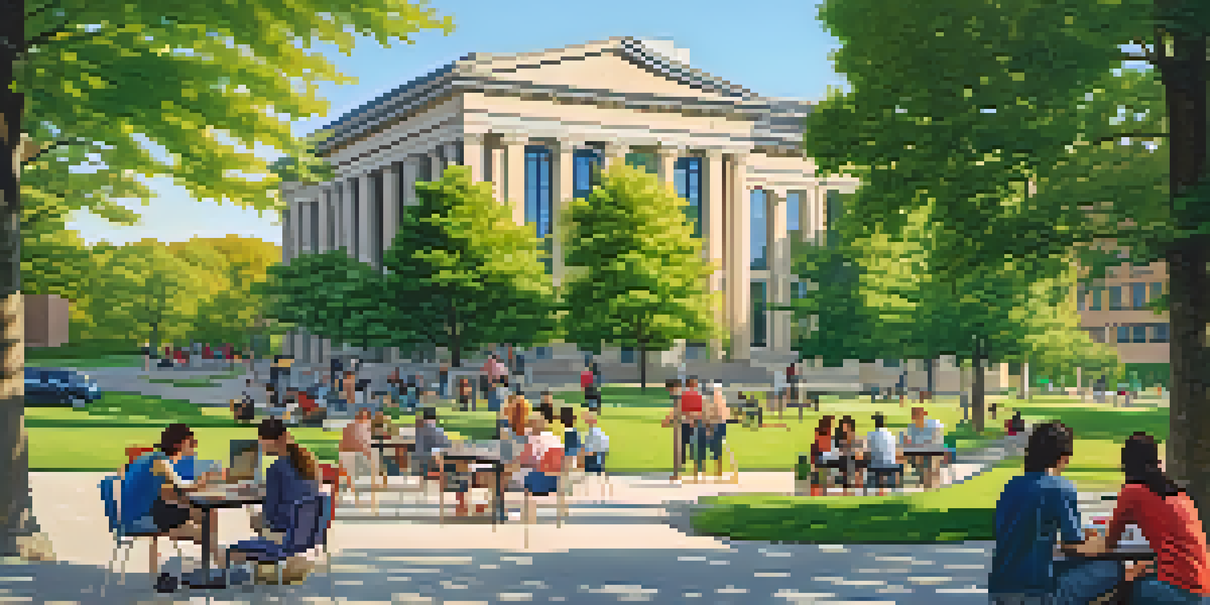 A group of students working together at a table on Carnegie Mellon University's campus, with modern buildings and greenery in the background.