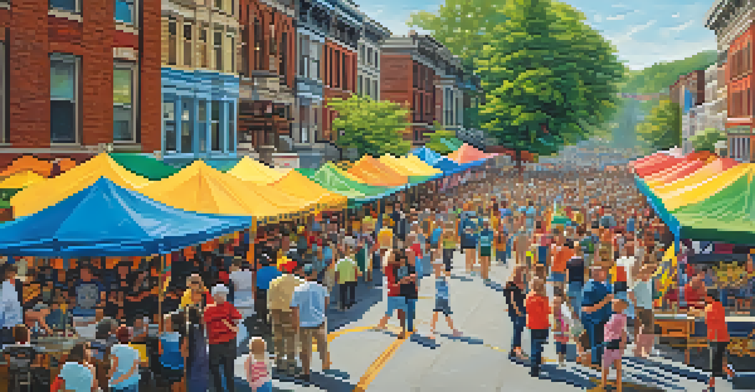 A community festival in Pittsburgh celebrating steel heritage, with colorful banners, food stalls, and families enjoying the festivities.