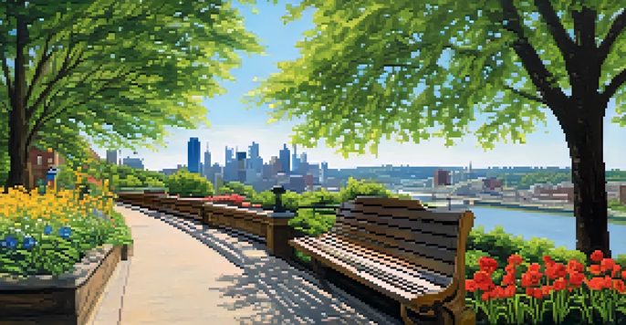 A scenic view of Pittsburgh's Heritage Trail with people walking, surrounded by greenery and historical buildings.