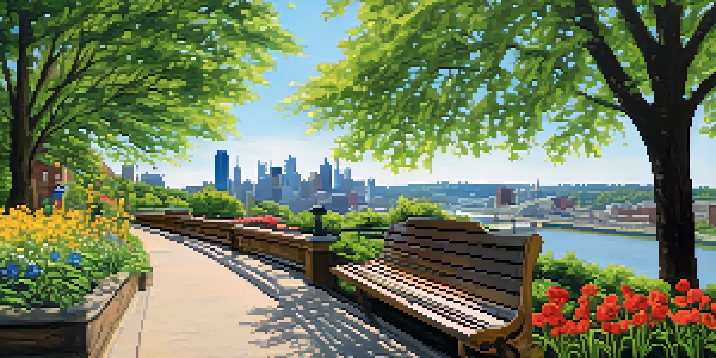 A scenic view of Pittsburgh's Heritage Trail with people walking, surrounded by greenery and historical buildings.