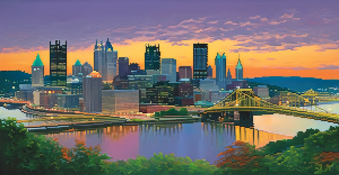 A panoramic view of Pittsburgh's skyline at dusk with vibrant orange and purple sky, featuring modern skyscrapers and historic buildings.