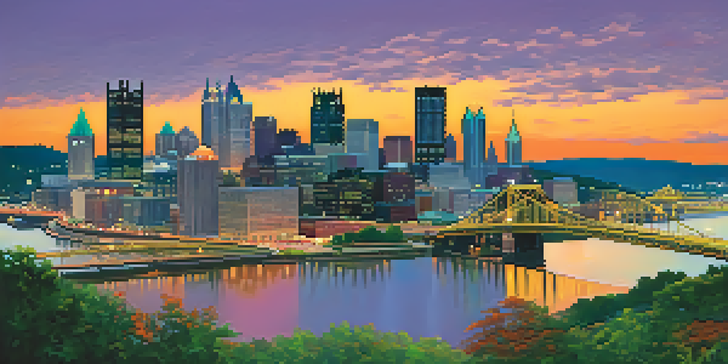 A panoramic view of Pittsburgh's skyline at dusk with vibrant orange and purple sky, featuring modern skyscrapers and historic buildings.