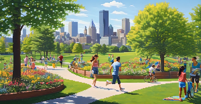 A lively urban park in Pittsburgh with people enjoying activities amidst green spaces, flowers, and trees under a sunny sky.