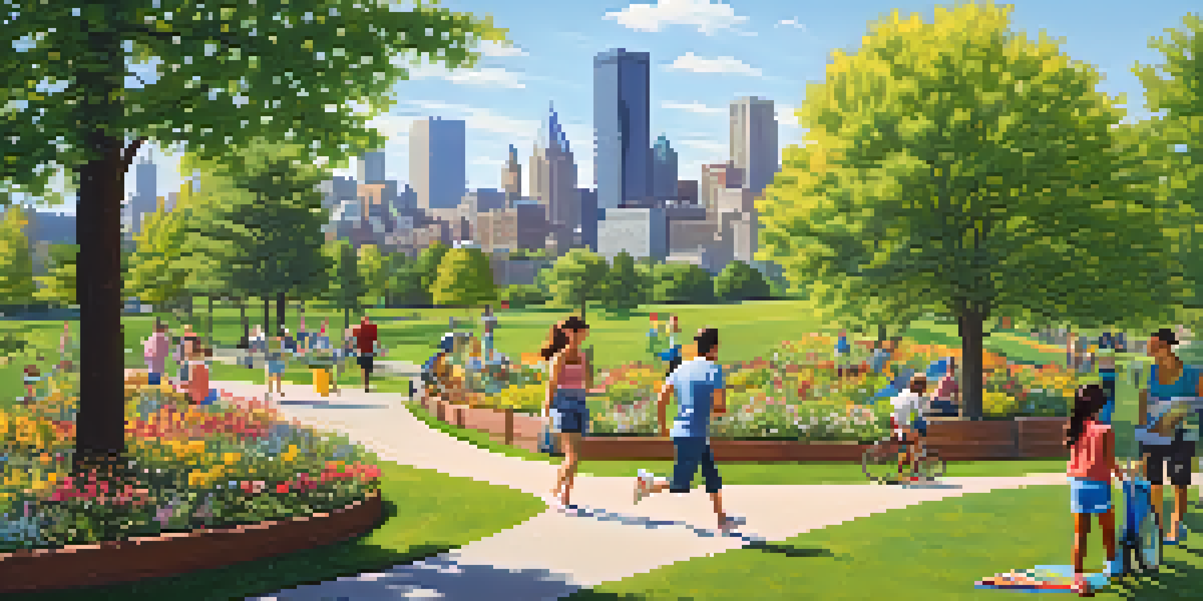 A lively urban park in Pittsburgh with people enjoying activities amidst green spaces, flowers, and trees under a sunny sky.