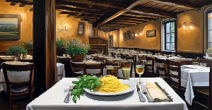 The interior of a rustic Italian restaurant with wooden tables, warm lighting, and a plate of homemade pasta.