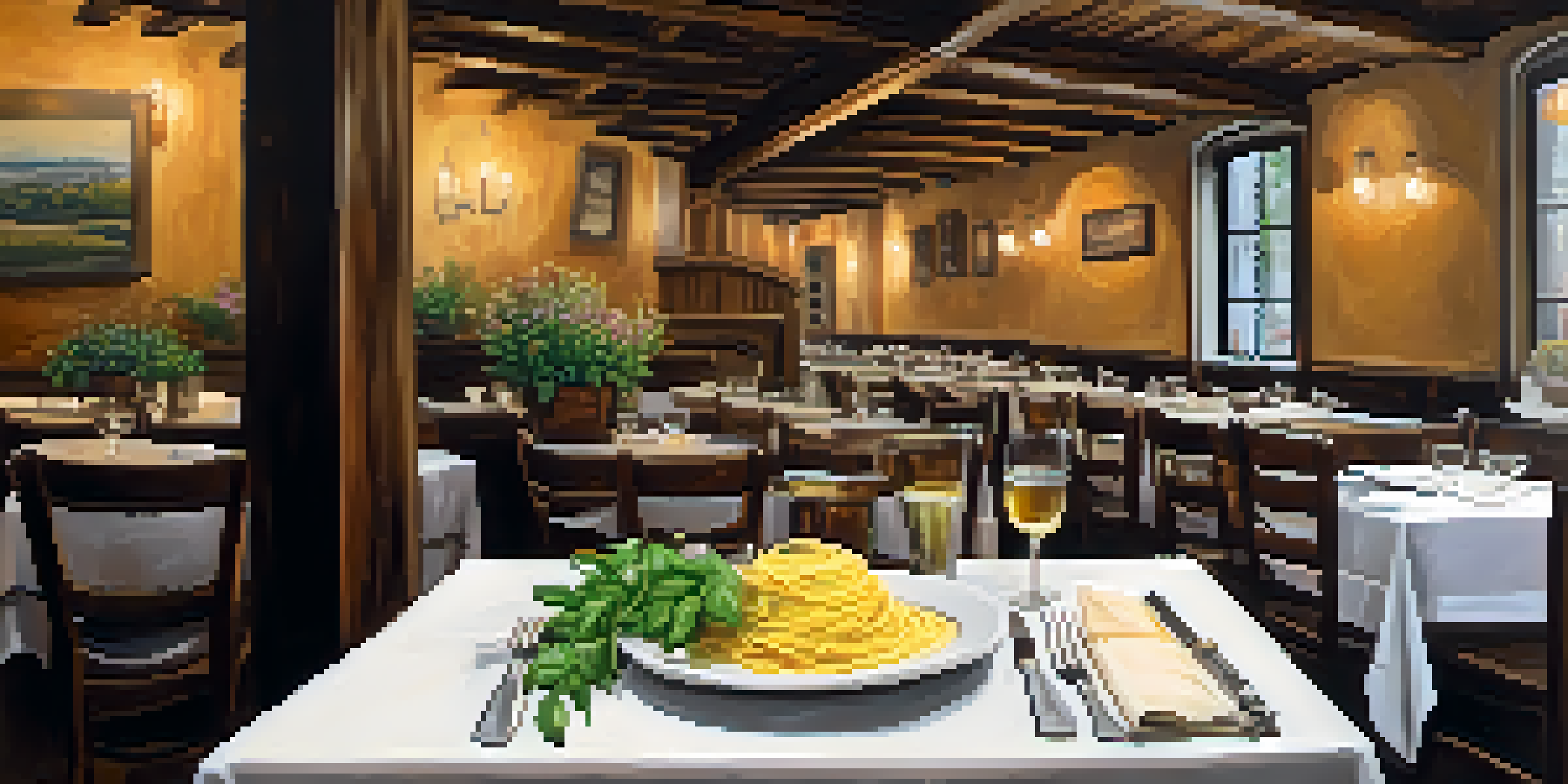 The interior of a rustic Italian restaurant with wooden tables, warm lighting, and a plate of homemade pasta.