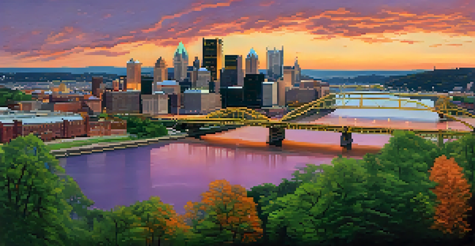 Panoramic view of Pittsburgh's skyline at sunset with solar panels and wind turbines, vibrant colors in the sky, and green trees in the foreground.