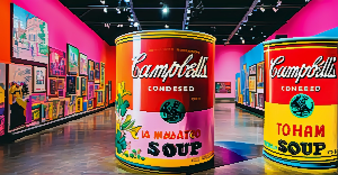 Interior view of The Andy Warhol Museum with colorful Warhol artworks and visitors engaging with the exhibits.