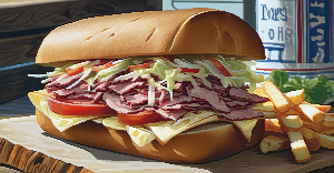 A detailed view of a Primanti Brothers sandwich highlighting its layers of meats, coleslaw, and French fries.
