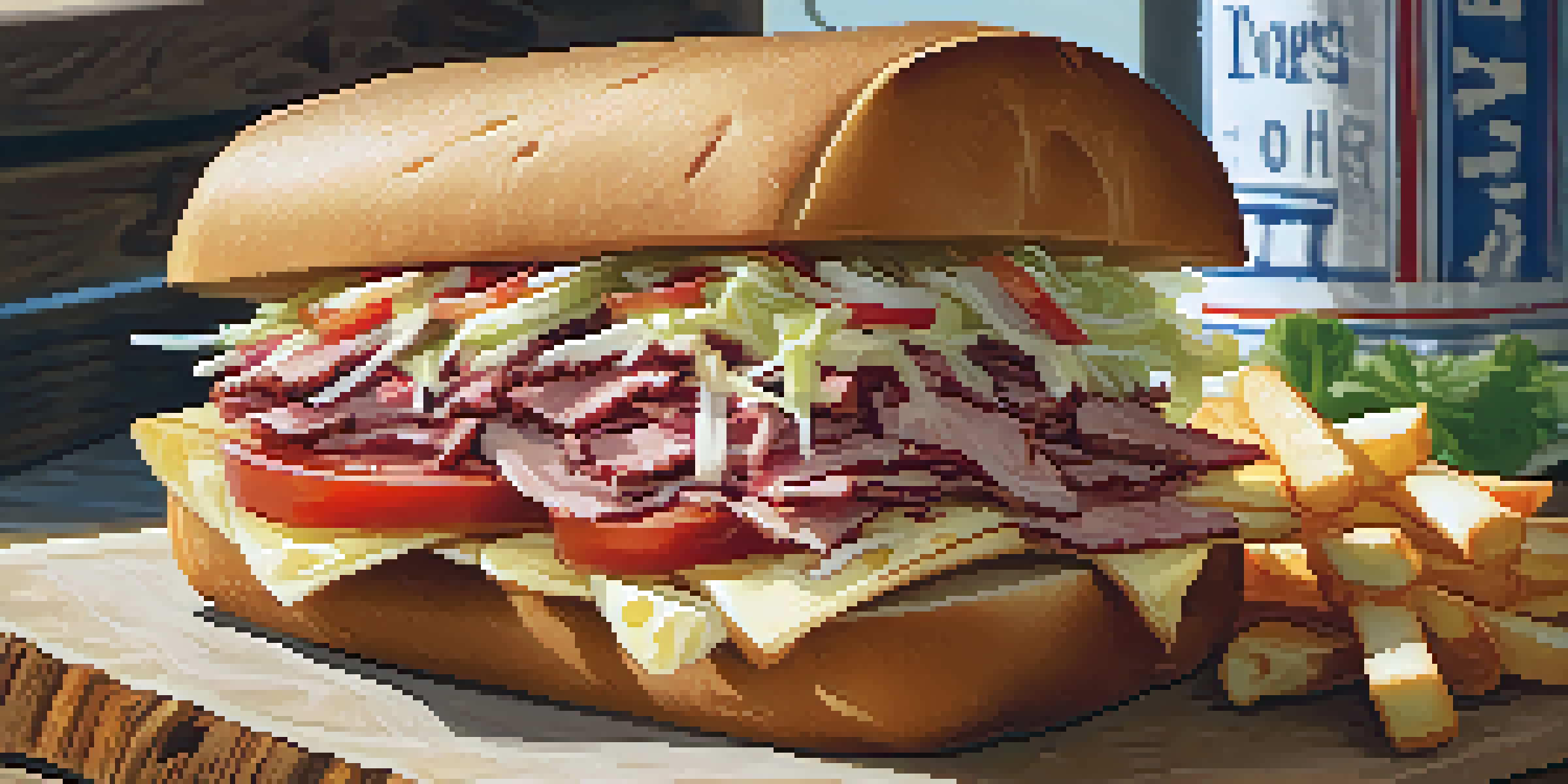 A detailed view of a Primanti Brothers sandwich highlighting its layers of meats, coleslaw, and French fries.