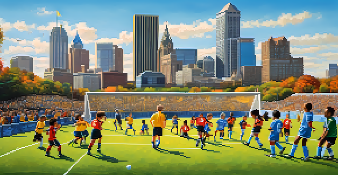 A lively youth soccer game in Pittsburgh with children in colorful jerseys playing on a green field, surrounded by families and the city skyline.