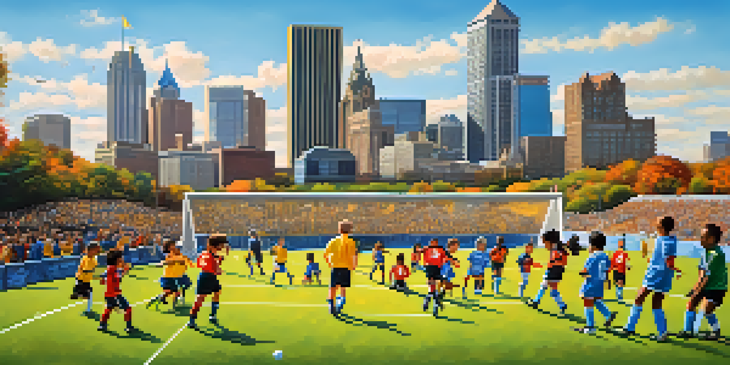 A lively youth soccer game in Pittsburgh with children in colorful jerseys playing on a green field, surrounded by families and the city skyline.